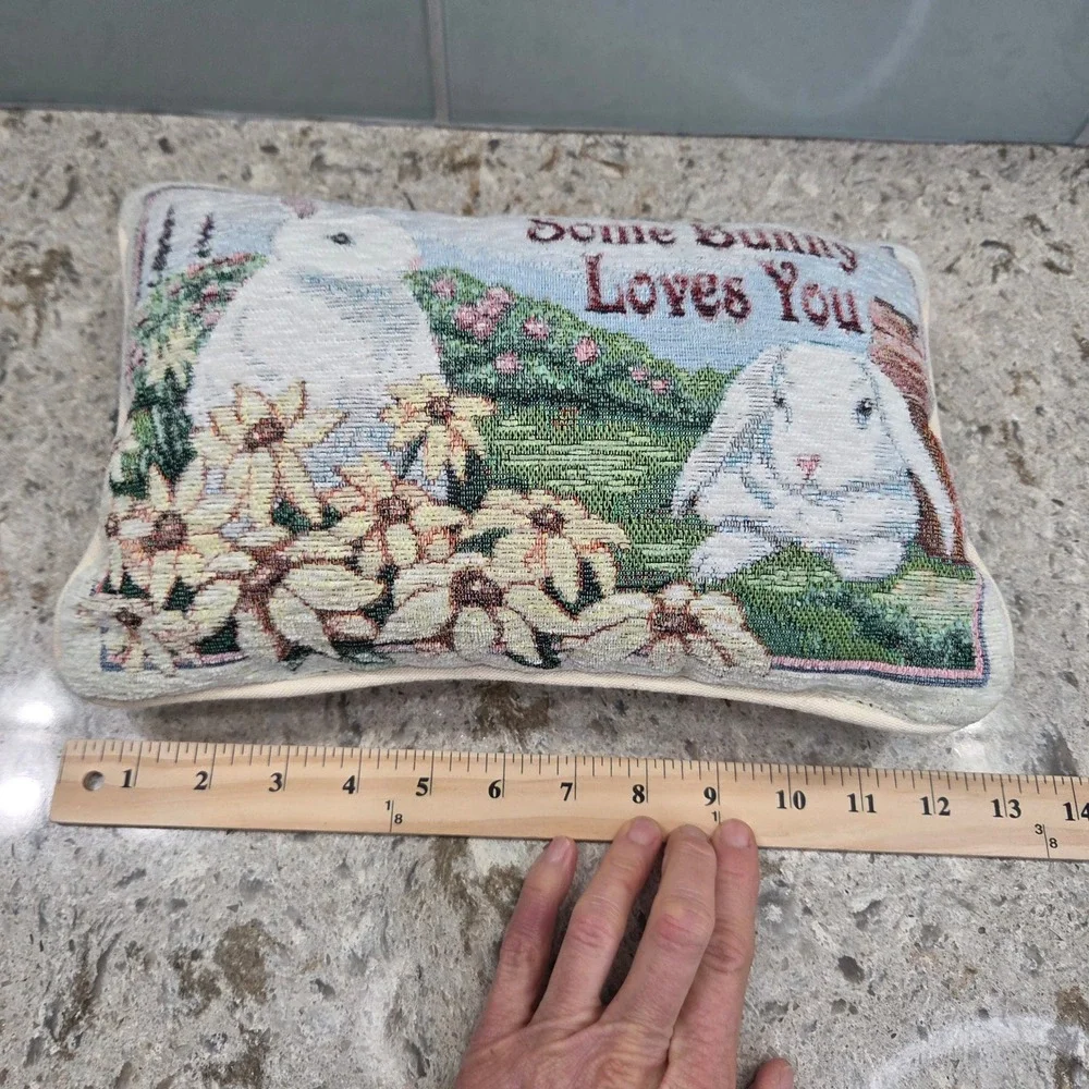 Vintage‎ Tapestry Bunny Accent Pillow Some Bunny Loves You Easter Decor 12x8